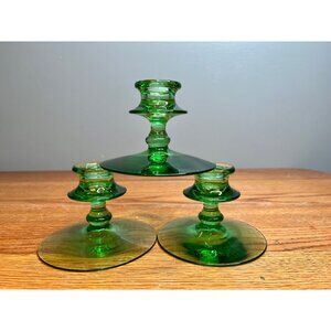 Set of 3 Fostoria  Fairfax Pattern Uranium Green Depression Glass Candlesticks